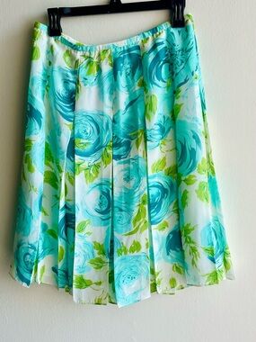Vintage 90s Bob Mackie 100% Silk Skirt Blue Green Rose Floral Print Size 8 M